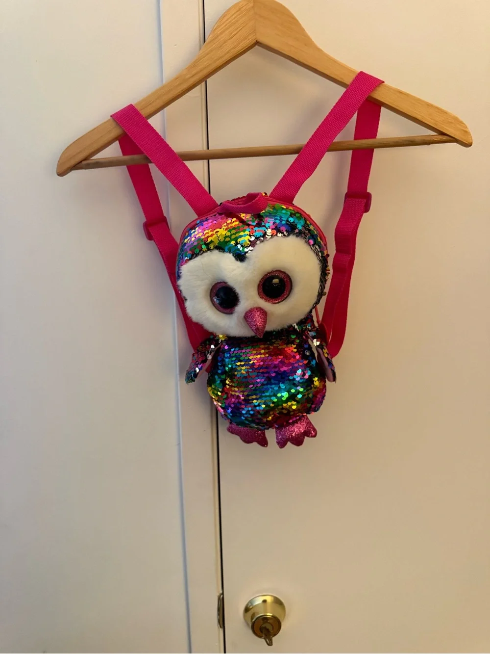 TY Plush Sequin Owl Kids Backpack - Pink Straps, Multicolor Sequins